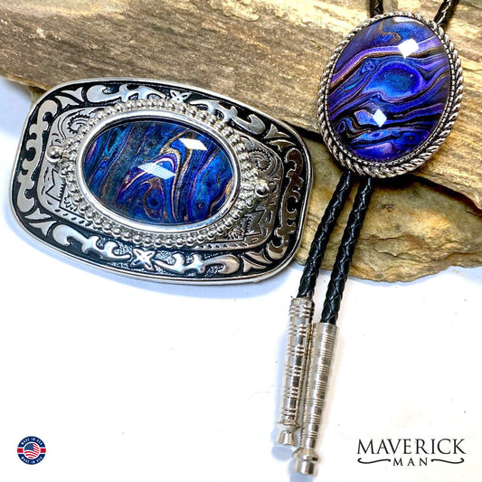 Bolo tie and buckle set with hand painted stones - can buy separately