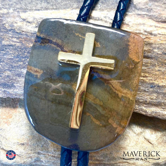 Natural slate bolo tie with stainless steel cross