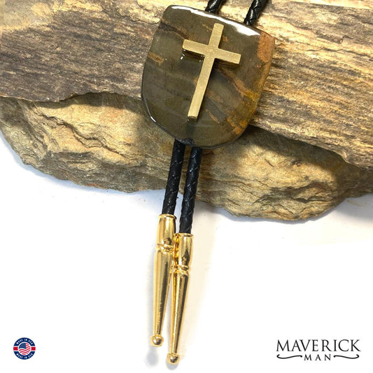 Natural slate bolo tie with stainless steel cross