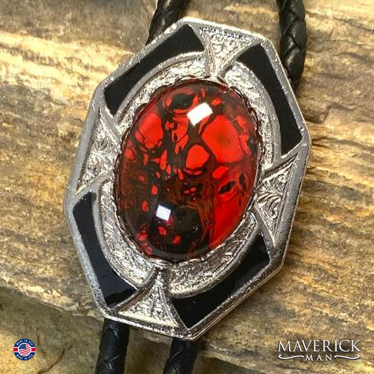 Dressy geometric bolo tie with hand painted stone in red and black