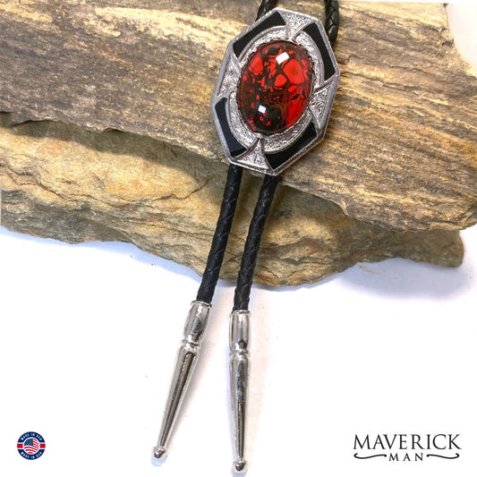 Dressy geometric bolo tie with hand painted stone in red and black