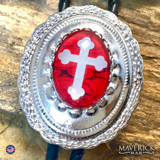 Christian bolo tie with hand painted stone in red and black