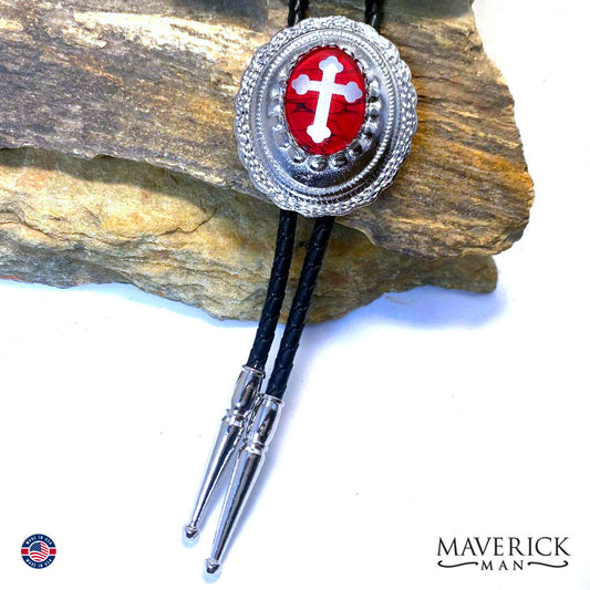 Christian bolo tie with hand painted stone in red and black