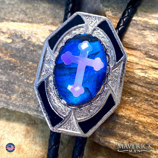 Black and blue hand painted stone in black and silver Christian bolo tie