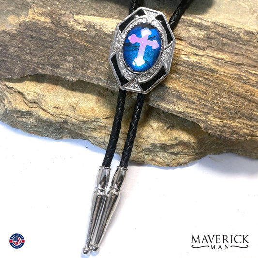 Black and blue hand painted stone in black and silver Christian bolo tie