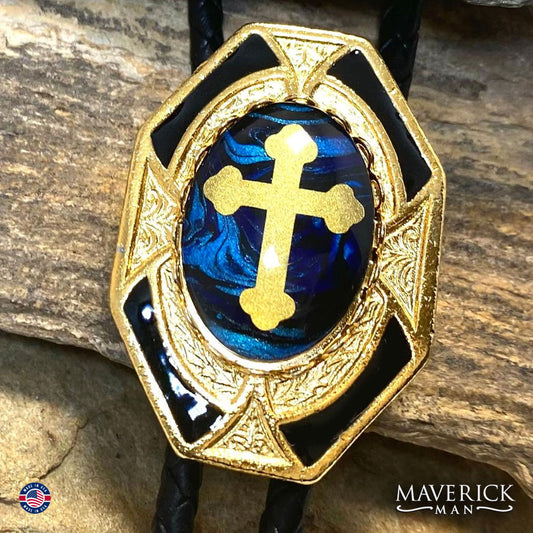 Black and blue Christian bolo tie in gold and black bolo tie