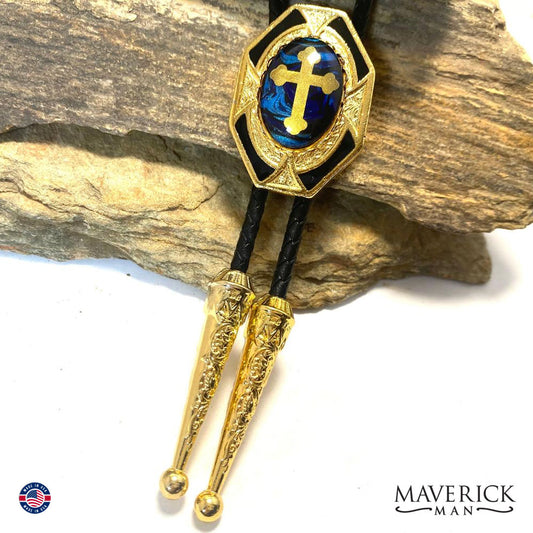 Black and blue Christian bolo tie in gold and black bolo tie