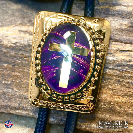Purple and gold Christian bolo tie in smaller gold bolo tie