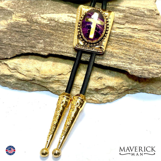 Purple and gold Christian bolo tie in smaller gold bolo tie