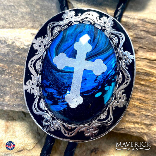 Large Black and blue Christian bolo tie in black and silver