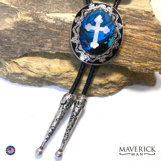 Large Black and blue Christian bolo tie in black and silver