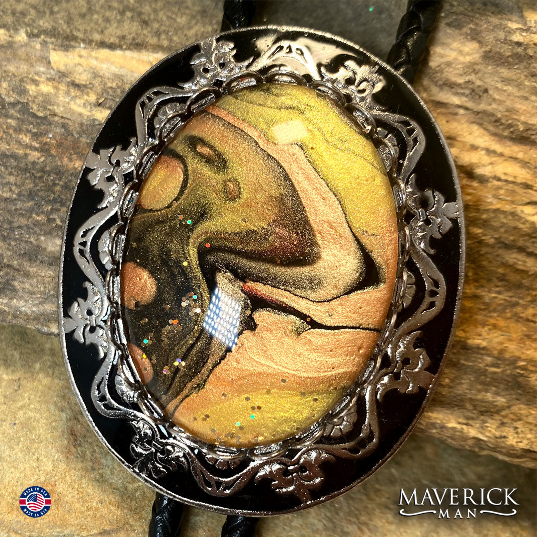 Handsome bolo tie and buckle set with hand painted stones