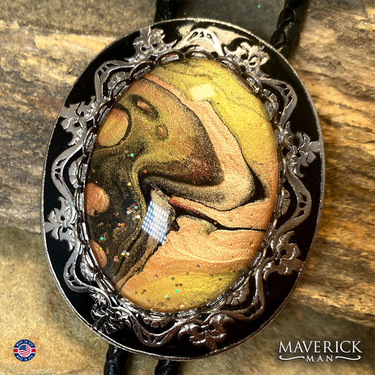 Handsome bolo tie and buckle set with hand painted stones