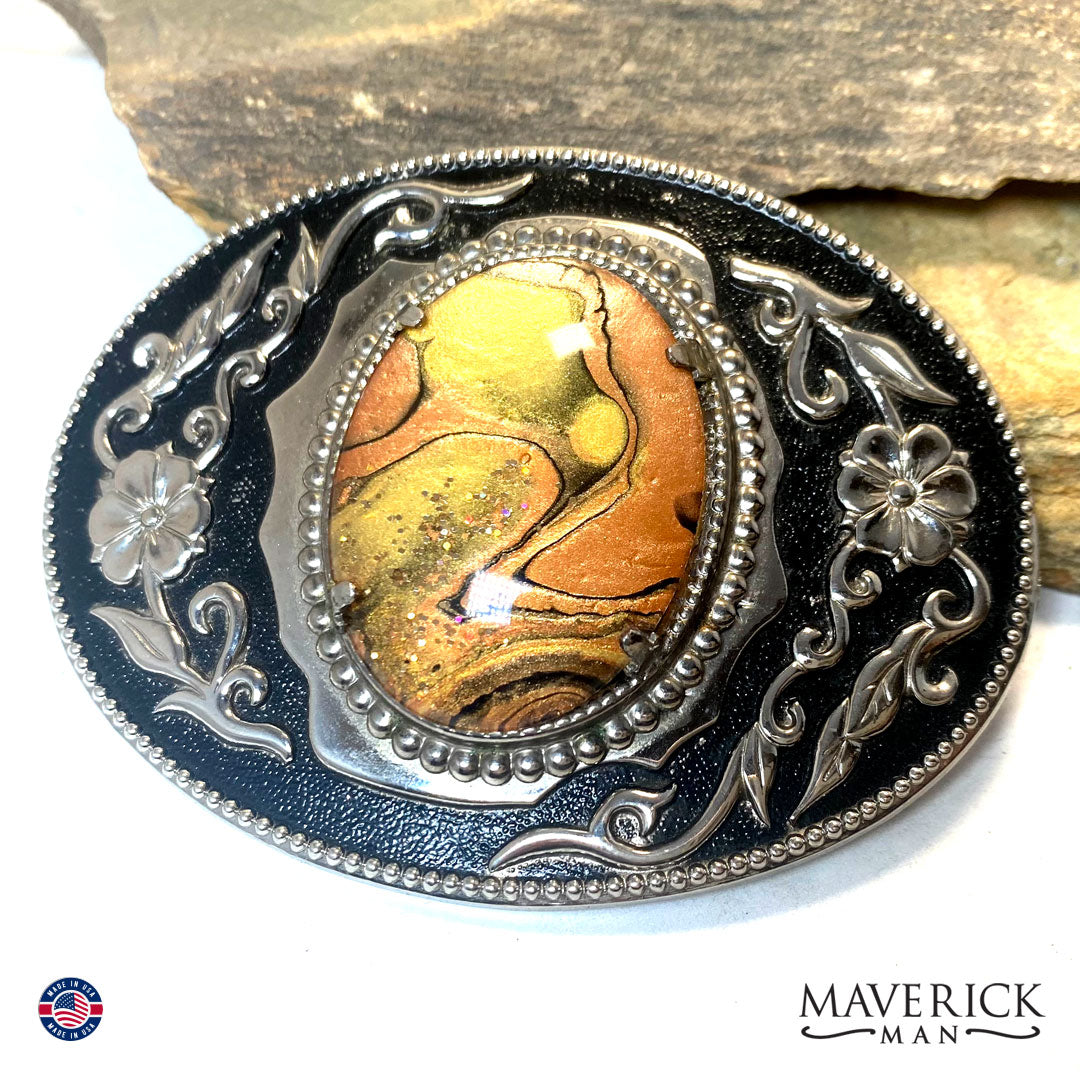 Handsome bolo tie and buckle set with hand painted stones