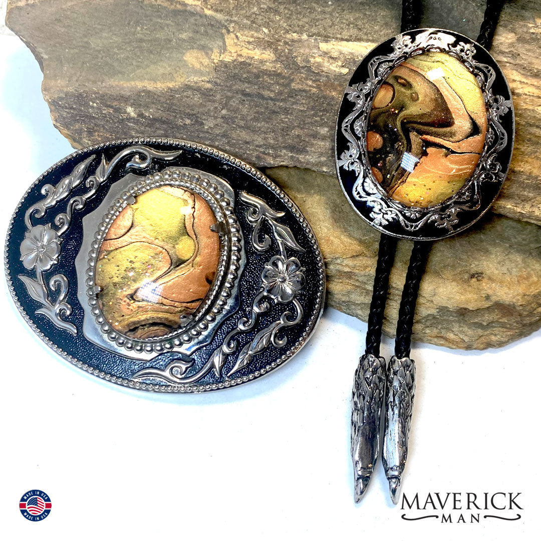 Handsome bolo tie and buckle set with hand painted stones