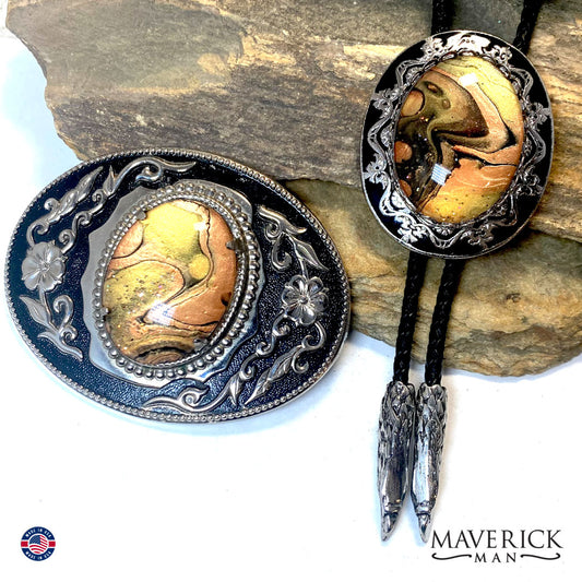 Handsome bolo tie and buckle set with hand painted stones