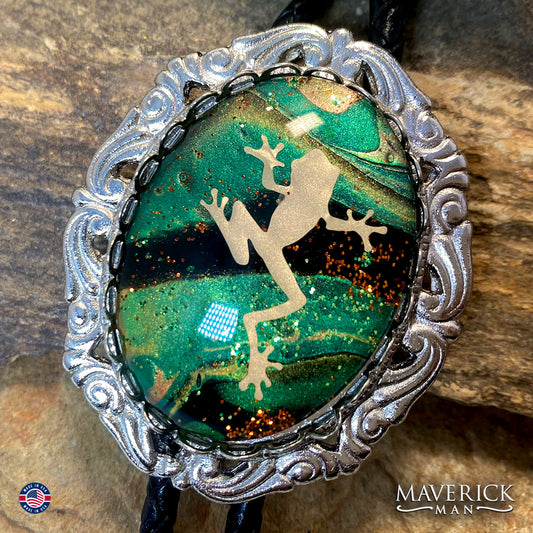 CUSTOM silver filigree bolo tie with hand painted stone with frog