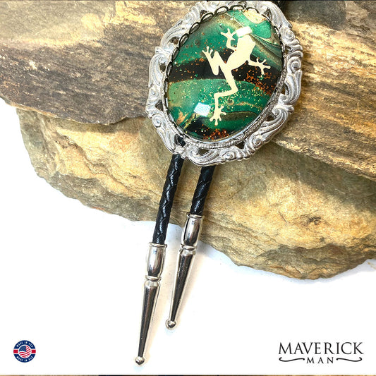 CUSTOM silver filigree bolo tie with hand painted stone with frog