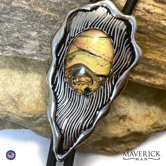 Silver feather bolo tie with hand painted stone