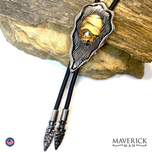 Silver feather bolo tie with hand painted stone