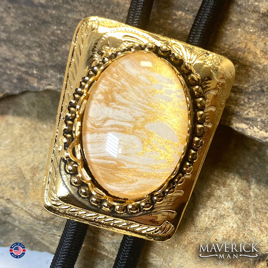 Lightweight golden bolo with gold and white stone