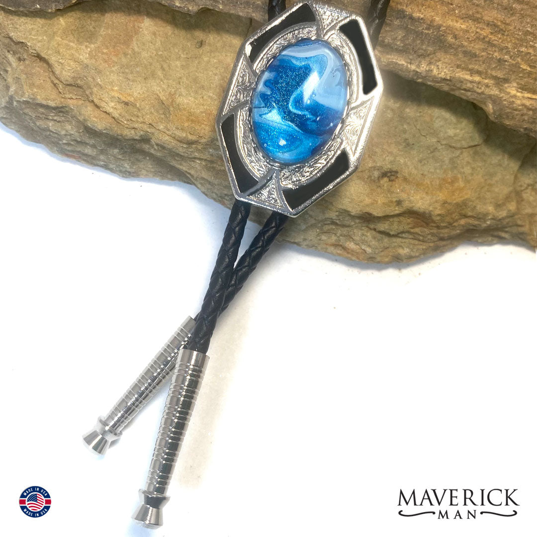Dressy geometric bolo tie in with blue hand painted stone