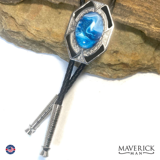 Dressy geometric bolo tie in with blue hand painted stone