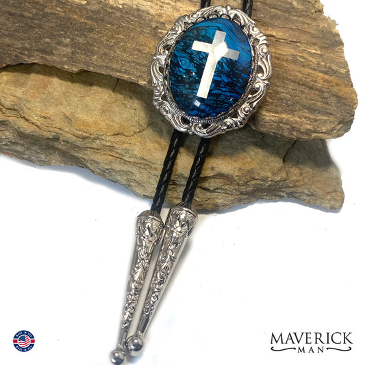 Large Christian bolo tie with from our Blues collection