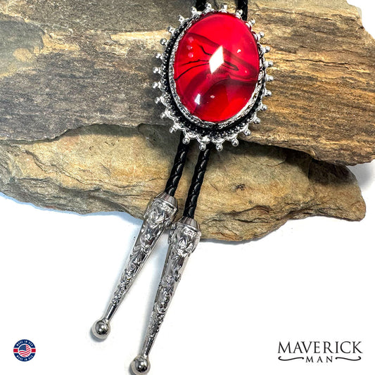 Handsome large red and black bolo tie with hand painted stones