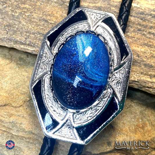 Striking belt buckle and bolo tie set with our BLUES hand painted stones