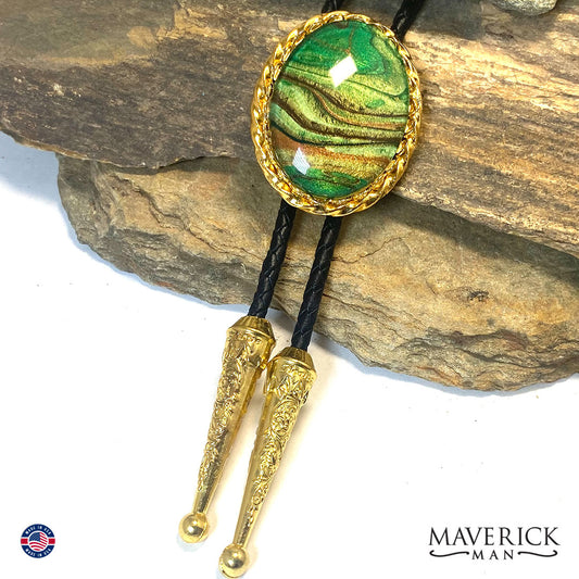 Golden bolo tie with hand painted green and brown stone
