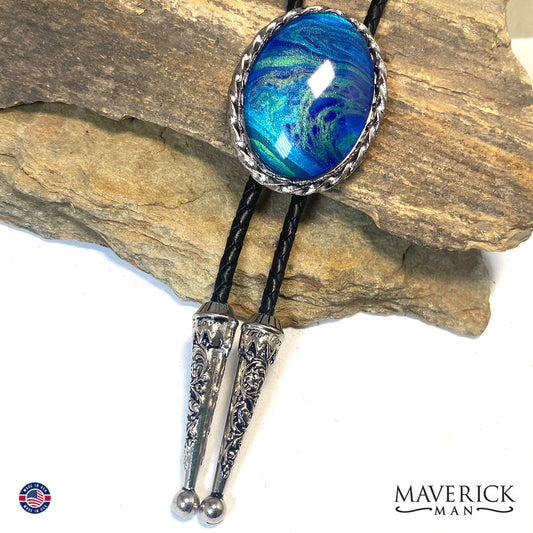 Blue and green bolo tie and buckle set