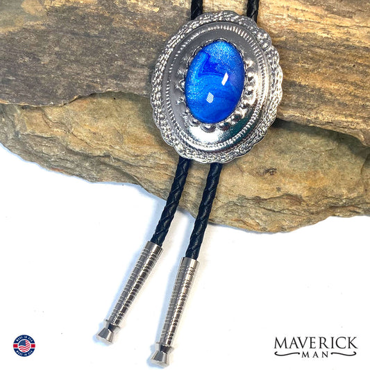 Concho bolo tie with blue hand painted stone