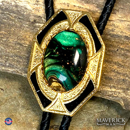 Handsome bolo tie and buckle set with hand painted stones