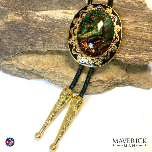 Golden filigree bolo tie with hand painted stone