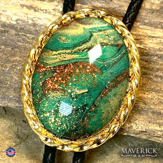 Eye-catching bolo tie and buckle set with hand painted stones