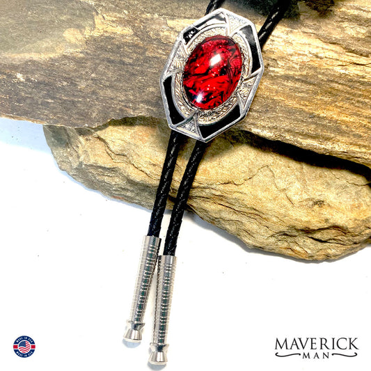 CUSTOM bolo tie with hand painted stone in red and black