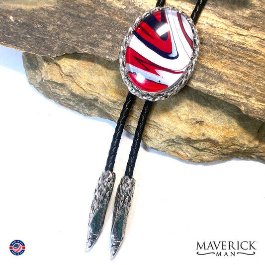 Red white and blue bolo tie with eagle tips