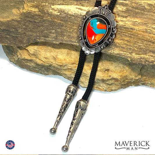 Silver bolo tie with southwestern hand painted stone