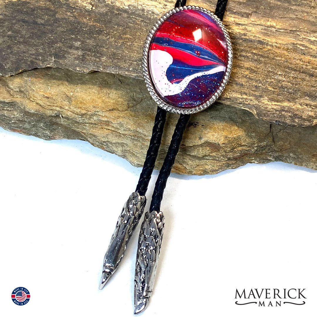Red white and blue bolo tie with eagle tips