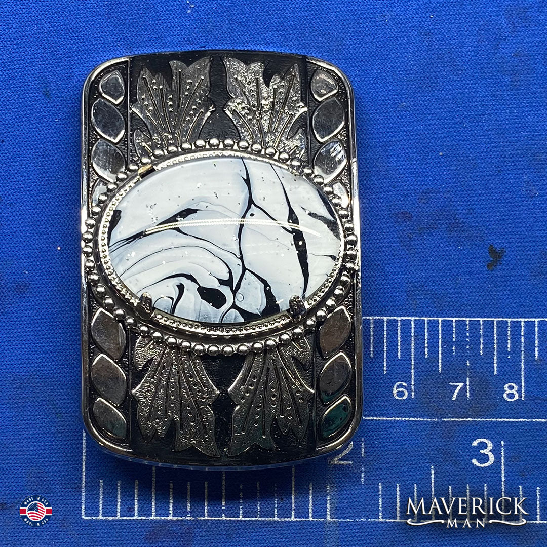 Classic black and white bolo tie and buckle set w hand painted stones