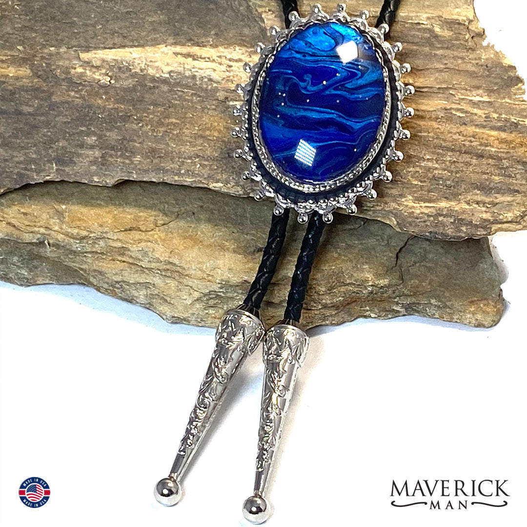 Spectacular hand painted blue stone in spiky bolo tie