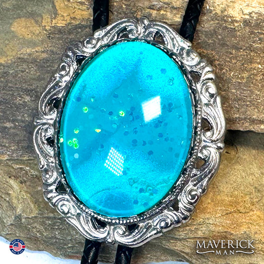 Metallic turquoise bolo and buckle set with hand painted stones