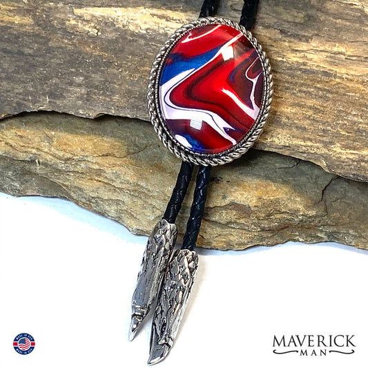 Red white and blue bolo tie with eagle tips