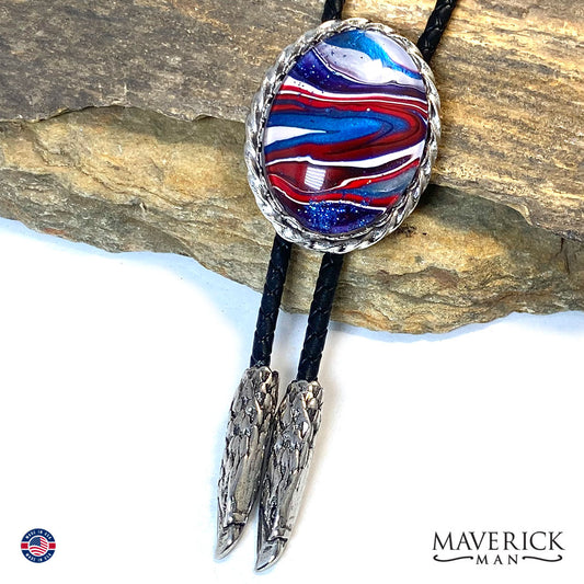 Red white and blue bolo with hand painted stone