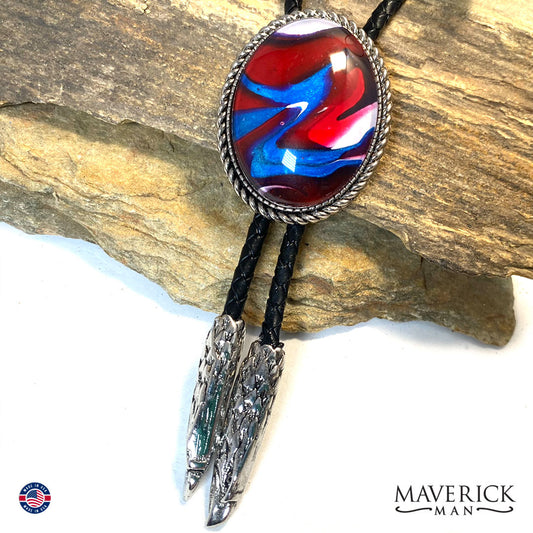 Red white and blue bolo tie with eagle tips