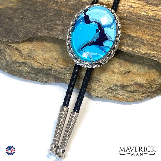 Unusual hand painted blue art in silver twist bolo tie