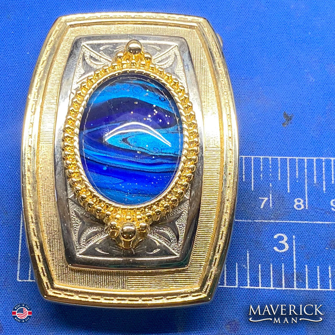 Striking black and blue bolo tie and buckle set in gold