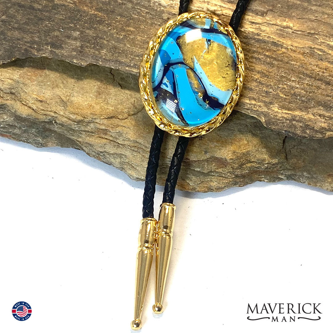 Dressy blue and gold bolo tie and buckle set