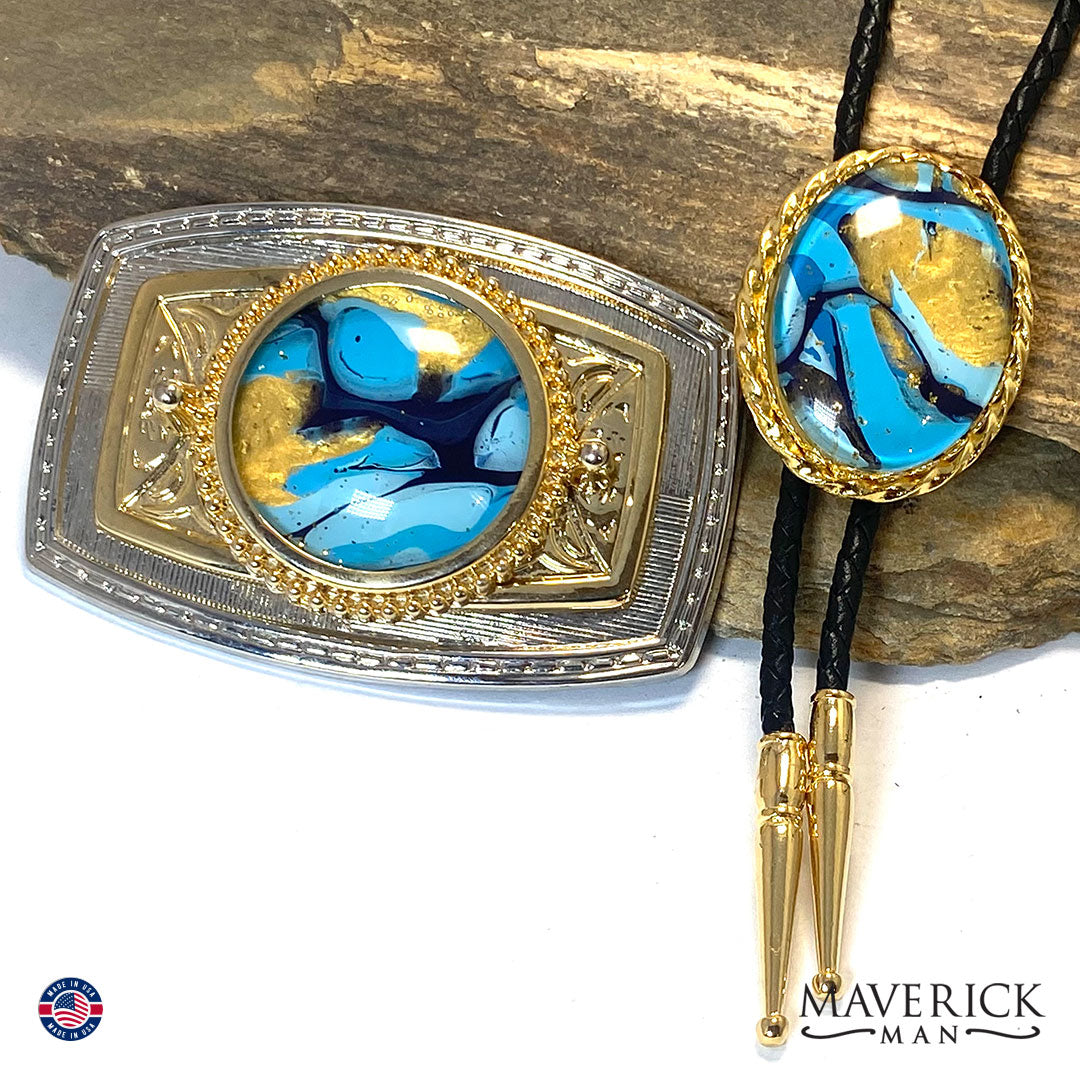 Dressy blue and gold bolo tie and buckle set